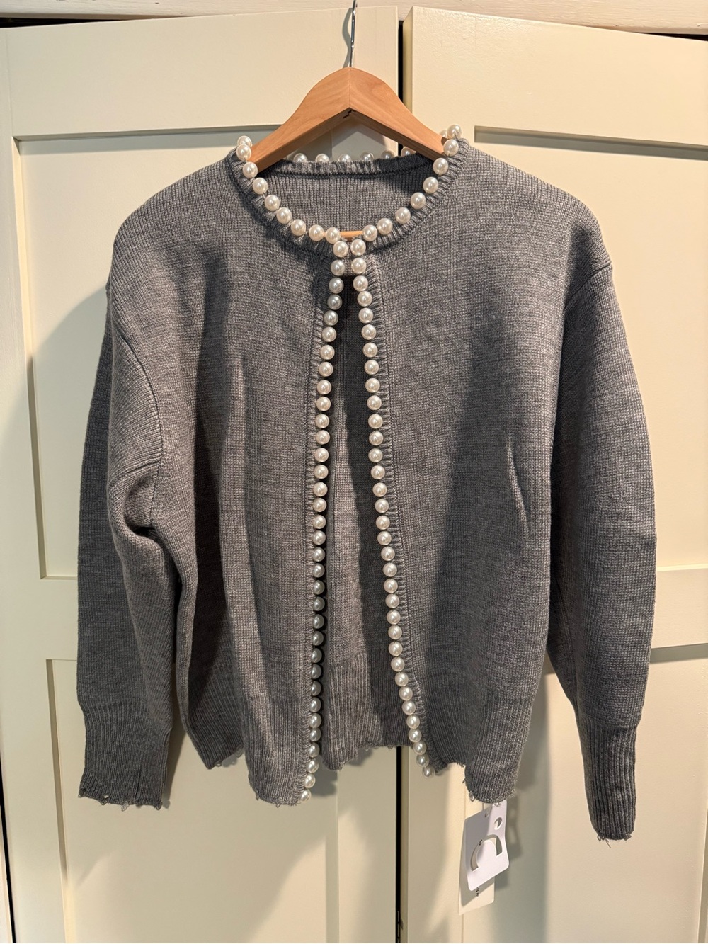Commense Gray Knit Cardigan with Pearl Trim